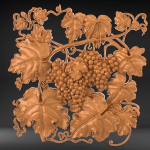 Pode incluir: Uma escultura detalhada de uma videira com folhas e cachos de uvas. A escultura &eacute; feita de madeira e &eacute; pintada em uma cor marrom quente.