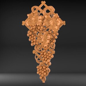 Pode incluir: Um design impresso em 3D de uma videira com folhas e uvas. O design &eacute; de cor marrom quente e tem um design detalhado e intrincado.