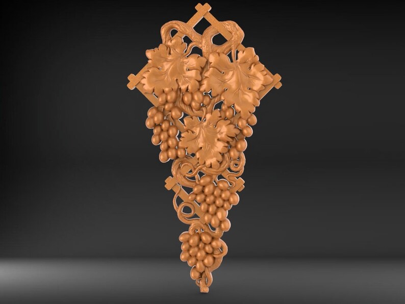 Pode incluir: Um design impresso em 3D de uma videira com folhas e uvas. O design &eacute; de cor marrom quente e tem um design detalhado e intrincado.