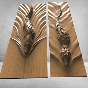 May include: Two wooden panels with carved alligator sculptures. The alligators are facing forward with their mouths open and their tails extending behind them. The wood is a light brown color and has a natural grain pattern.