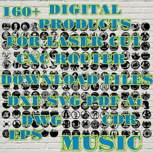 Más de 160 proyectos de decoración, música, rock and roll, plantillas, paquete, arte, vinilo, disco, reloj de pared, corte láser cnc, patrón vectorial DXF AI digital, metal