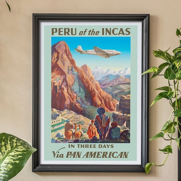 Affiche de voyage vintage de Pan American Airways. Voyage Pérou Des Incas. Poster d'art mural de la compagnie aérienne. Affiche rétro panaméricaine. Machu Picchu Cusco Art.