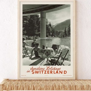 Cartel de viaje vintage de Suiza. Impresión del cartel de la foto del vintage del arte de la piscina de Suiza. Arte de la pared de Suiza. Anuncio de viajes vintage de Suiza