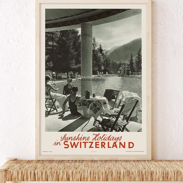 Vintages Reiseplakat der Schweiz. Schwimmbad-Kunst, Schweiz, Vintage-Foto-Posterdruck. Schweiz Wandkunst. Suisse Vintage Reiseanzeige