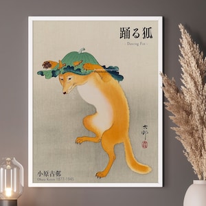 Impresión de arte japonés. Póster vintage del zorro bailando de Ohara Koson. Estampado de animales antiguos. Arte de caligrafía japonesa. Impresión en madera de zorro. Arte Ukiyoe.