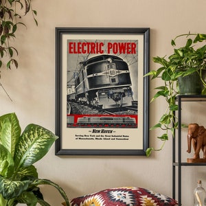 Vintage Electric Train Poster - 1910 New Haven Railroad Advertisement - Retro Railway Wall Art - Industrial Vintage Travel Decor.
