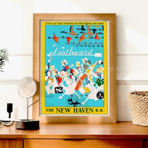 Grazioso poster di viaggio retrò – New Haven Railroad Wall Art – Vacation Land New England e Canada Retro Travel Art – Stampa in stile cartone animato retrò.
