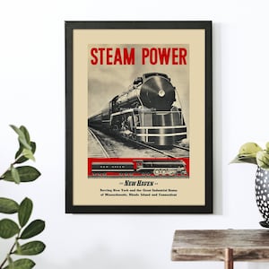 B&W Print Vintage 1910s New Haven Railroad Poster Print – Steam Power Travel Advertisement – Retro Train Wall Art – Antique Locomotive Decor