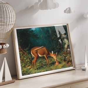 Deer and Fawn Vintage Art Print -Forest Nursery Wall Decor, Woodland Animal Poster, Baby Deer in Colorful Nature Scene, Rustic Cabin Artwork