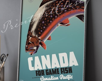 Vintage Canada Fishing Poster -Rustic Camper Life Print - Fishing Lover Gift -Retro Travel Art - Mid Century Canadian Pacific - Cozy Getaway