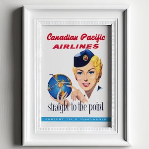 Poster di viaggio vintage della Canadian Pacific. Arte aeronautica vintage. Poster di compagnie aeree retrò. Poster di aeroplani vintage. Arte di viaggio. CP Air. Poster del 1946