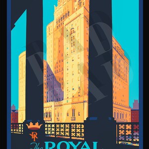 May include: A vintage travel poster advertising The Royal York Hotel in Toronto, Canada. The poster features a large illustration of the hotel, with the text "The Largest Hotel in the British Empire" at the top and "A Canadian Pacific Hotel" at the bottom.