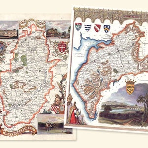 Belle carte de comté colorée - Ancienne carte de comté encadrée centrée sur le comté de votre choix