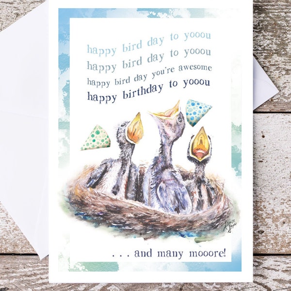 Baby Bird Happy Birthday Song card  5x7 Inch A7 "Happy bird day" Watercolor baby bird Card. First Birthday card. Blue and Green bird card