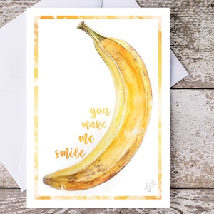 Printable Banana Watercolor Fruit Greeting Card 5x7 inch digital Download "You make me smile" fun birthday love encouragement card