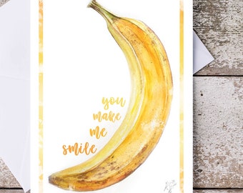 Imprimable banane aquarelle fruits carte de voeux 5 x 7 pouces téléchargement numérique « You make me smile » amusant anniversaire amour carte d’encouragement