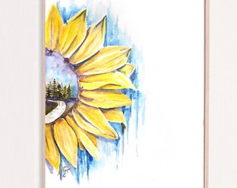 Impresión de arte de acuarela de girasol; Pintura moderna de flores de sol; bosque de pinos y regalo de girasol de río ~ regalo de arte de pared de acuarela suelta