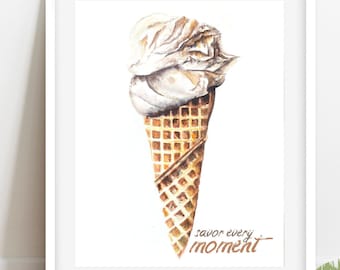 Ice Cream Cone Watercolor Wall Art Print "Savor Every Moment" Dessert Kitchen art, Sweet Nursery gift, Ice Cream Gift, Icecream present