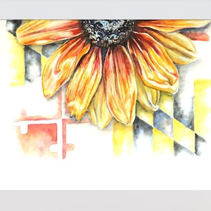 Maryland Flagge und Blume Aquarell Kunstdruck. Maryland State Map ~ Maryland Flagge Geschenk ~ Gelbe Blume ~ MD Blumen Geschenk ~ Old Line State