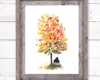 Fall Tree kunst aan de muur ~ Herfstboom Aquarel Wall Art Print ~ Aquarel herfst decor ~ Romantische Paren aquarel herfst print