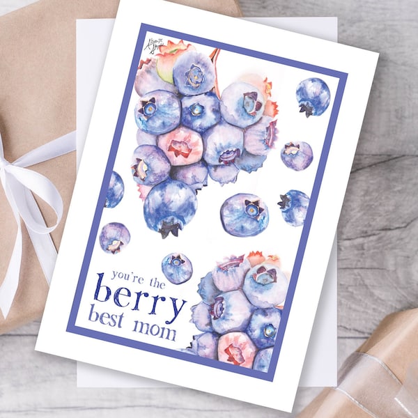 Blueberry Mother's day Card "You're the berry best mom" Berry Card for Mom Fun Pun Mother's day card ~ Watercolor original mothers day card