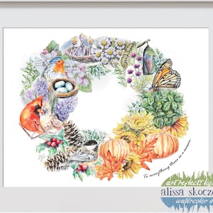 Four Seasons Watercolor Wreath Art Printable~ Animals, Birds, Spring Summer Autumn and Winter Digital Download ~A season for everything art