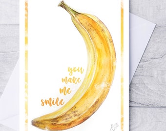 Banana Valentine's Day Card 5x7 inch "You make me smile" Watercolor Fruit Valentine Smile Card~ kids friend sweet valentines day card