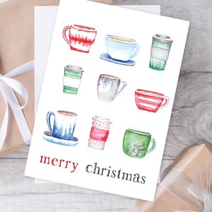 Tasses à café aquarelle carte de Noël imprimable, 5 x 7" plié café boisson carte de Noël téléchargement, Noël tasses à café mug carte numérique,