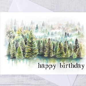 Cartão de feliz aniversário florestal para impressão, 5x7 polegadas, a7, aquarela, madeira, aniversário, download digital ~ verde, pinheiro, floresta, cartão de aniversário, presente fácil