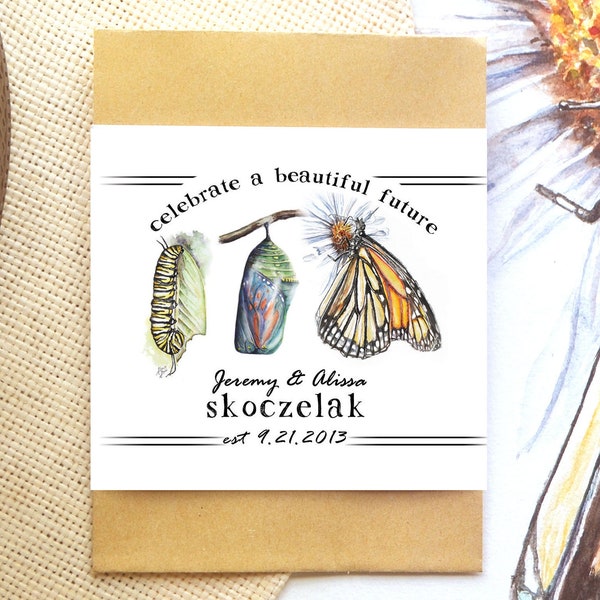 Custom Monarch Wedding Favors: Watercolor flower seed packet with Milkweed seeds ~ Personalized monarch butterfly seed packet favors