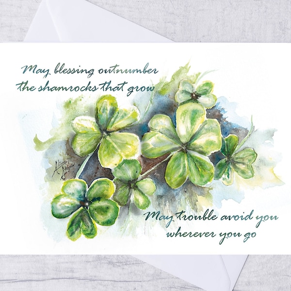 Shamrock Irish Blessing St Patrick's Day Note Card:  4 leaf clover Card for Irish wedding or Irish baptism present. St patrick card set