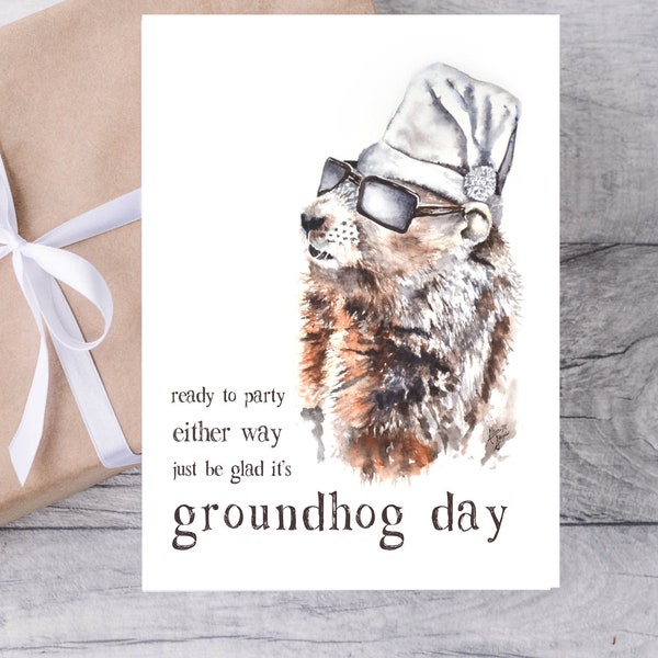Groundhog Day Printable Card; Digital Download ~ Punxsutawney Phil Watercolor 5x7"card Ground hog day gift Funny ground hog present