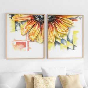 Maryland Flagge Gelbe Blume Digital Aquarell ~ 2er Set ~ Black Eye Susan Maryland Flower Wall Art ~ Maryland Dekor ~ Maryland State Geschenk