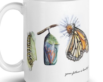 Monarch Butterfly Ceramic Coffee Drink Mug 11 or 15 oz~ Caterpillar, Chrysalis, Monarch Butterfly that says, "You're future is beautiful"