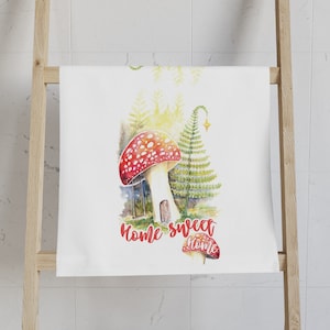 Magical Mushroom Home Sweet Home Tea Towel | Mushroom kitchen towel | cottage core mushroom towel | cottage gift | Red mushroom tea towel