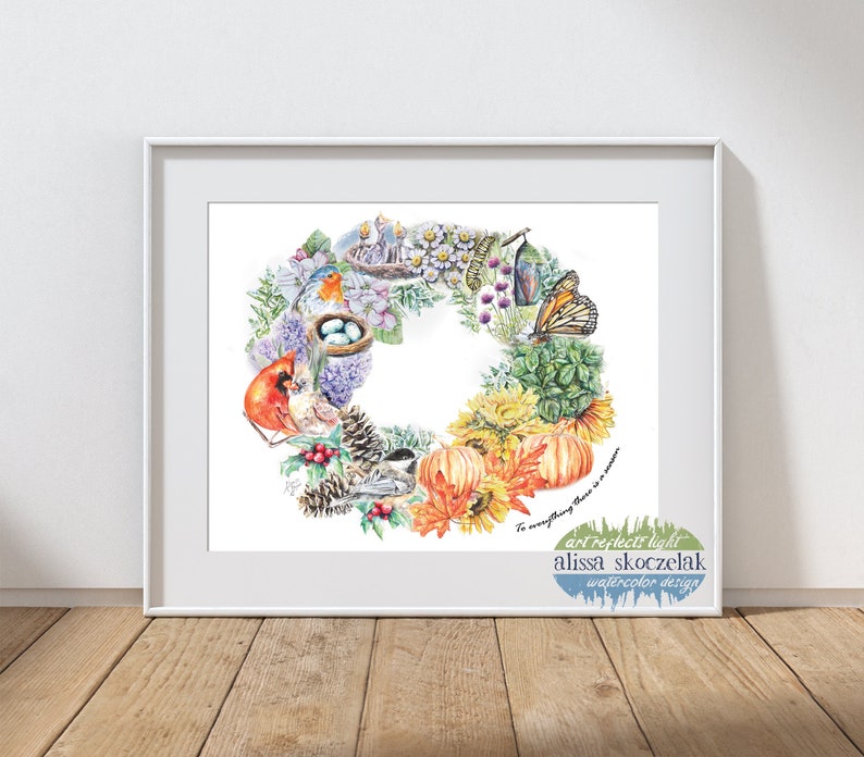 May include: A watercolour wreath featuring a variety of autumn and nature elements, including birds, butterflies, leaves, pumpkins, and flowers. The wreath is surrounded by the text "To everything there is a season" and the artist's name and signature, "alissa skoczelak watercolour design".