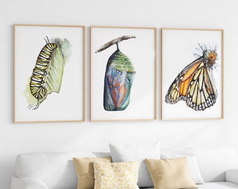 Monarch Butterfly Printable Wall Art ~ No Text ~ Set of 3 Digital Download Caterpillar Chrysalis Monarch Art Prints Butterfly Nursery Art