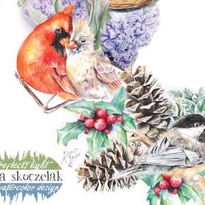 May include: Watercolour painting of a cardinal, a chickadee, and a pine cone with holly berries. The painting is signed "Alissa M. Skoczelak" and includes the text "art reflects light alissa skoczelak watercolour design".
