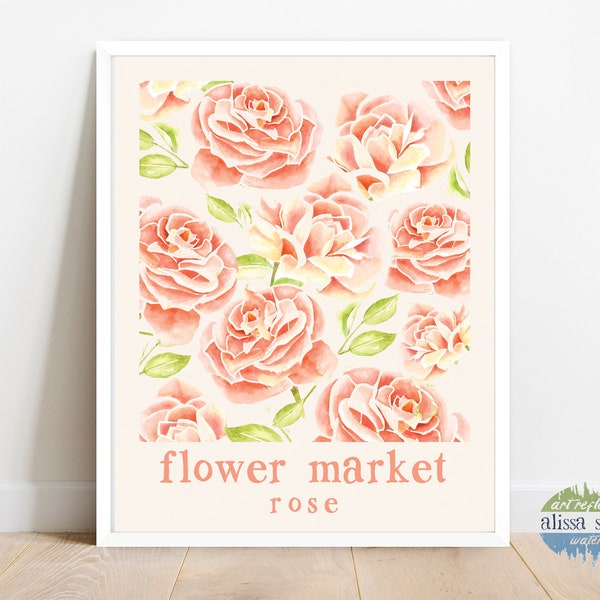 Flower Market Poster | Rose Boho Flower Print Girl Nursery Wall Art Vintage botanical art print | Exhibition wall art Pink Floral art print