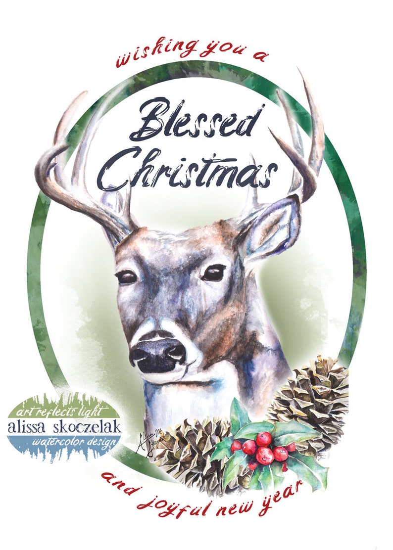 Printable Christmas Card Deer 5x7 Watercolor Woodland wishing You a ...