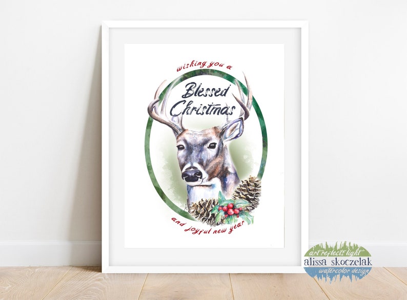 Printable Christmas Card Deer 5x7 Watercolor Woodland wishing You a ...