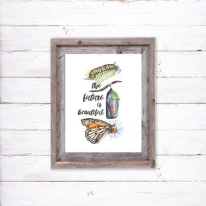 Monarch Butterfly, chrysalis, caterpillar, Watercolor Wall art &quot;the future is beautiful&quot; Nursery Present, Mother&#39;s day Gif, Graduation