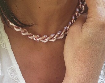 Metallic Pink Textured Cuban Link Choker Chain For Chunky Pink Layering Chains In 18K Rose Gold Filled