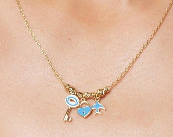 Gold Cable Chain Charm Necklace With Blue Key, Heart and Fish Pendants in a 18k Gold Filled Necklace