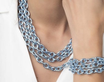 Metallic Blue Chunky Cable Chain Necklace For Thick Layering Chains