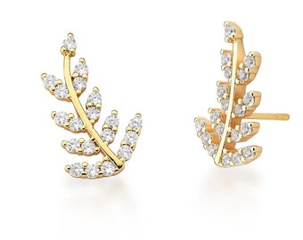 Leaf Earrings Olive Leaf Stud Earrings Sparkle Studs Statement Earrings in 18k Gold Filled and white crystals