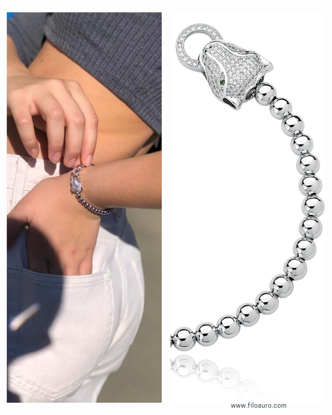 Mens Panther Bracelet Men's Fashion Bracelet – Rhodium Plated Panther/Leopard Head Beaded Stretch Design Men's Beaded Bracelet - Foto 10