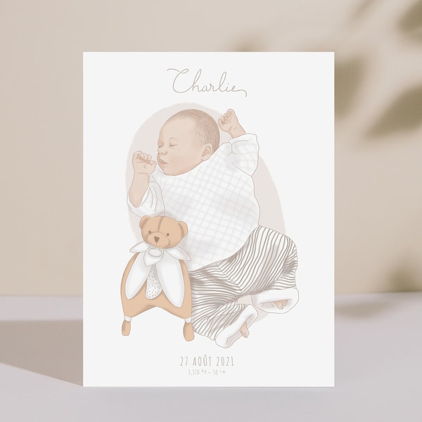 Affiche naissance personnalisée avec prénom, infos et illustration de votre bébé. Décoration chambre bébé garçon ou fille. Poster naissance.