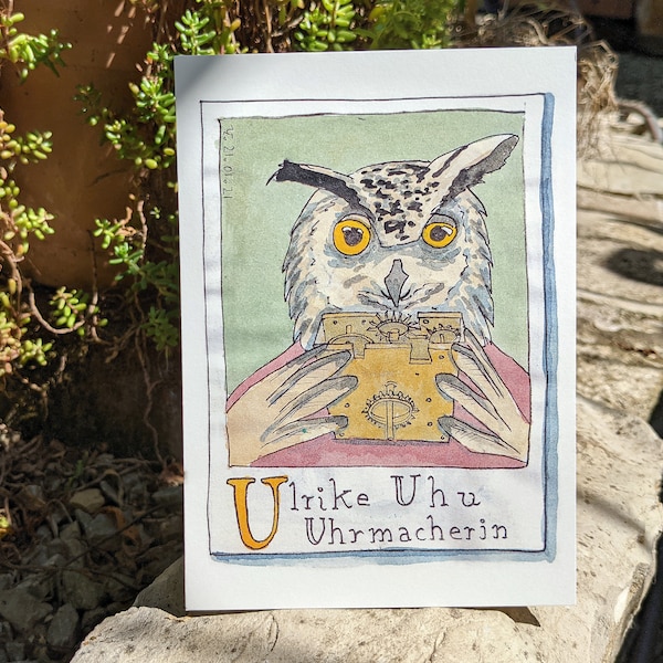 Y's animal alphabet: Ulrike Uhu, watchmaker - The postcard