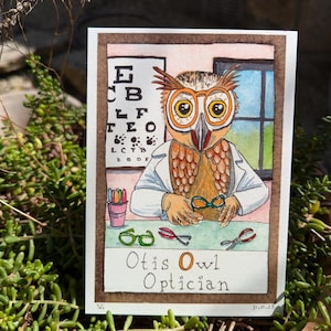 Y's Animal Alphabet: Otis Owl, Optician - the postcard